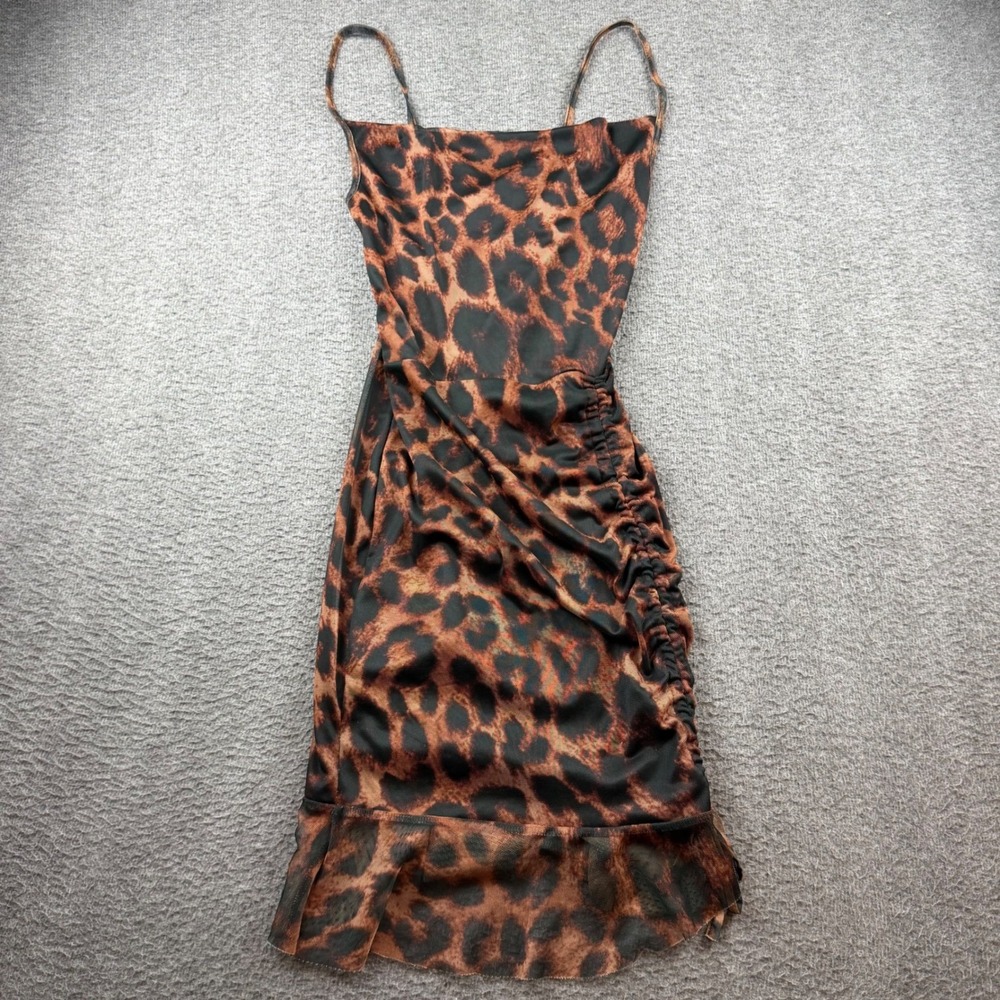PrettyLittleThing Mini Dress Women's Size 2 Brown Leopard Mesh Ruched Cowl Neck